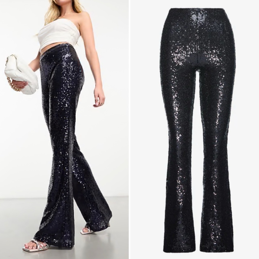 Anthropologie Black Sequin Flare Pants 0 - Picture 2 of 9